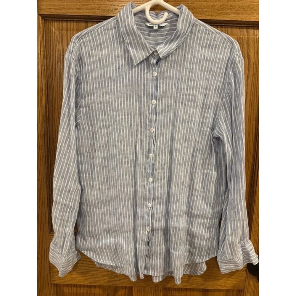 Blue Island Linen Look Striped Long Sleeve Button Down Shirt Size